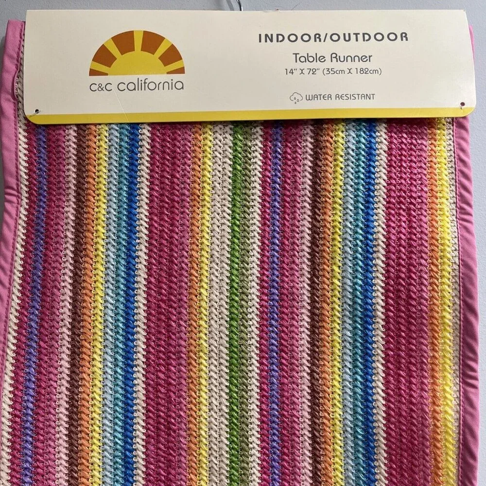 C&C California Table Runner Rainbow Woven Braided Pink Trim Indoor Outdoor 14x72